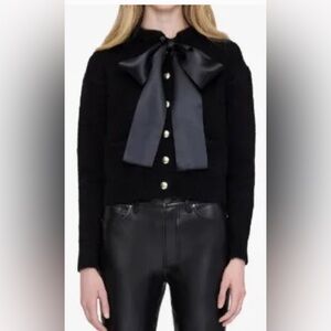 Anine Bing Black Cardigan with Satin Bow and Gold Buttons